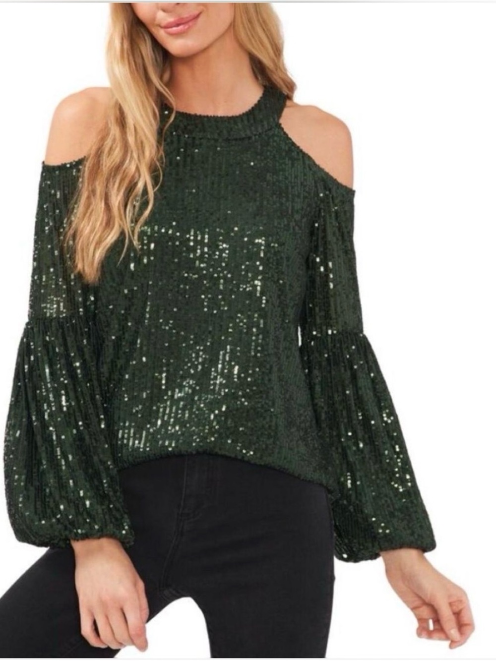 CeCe Emerald Green Cold-Shoulder Sequin Blouse